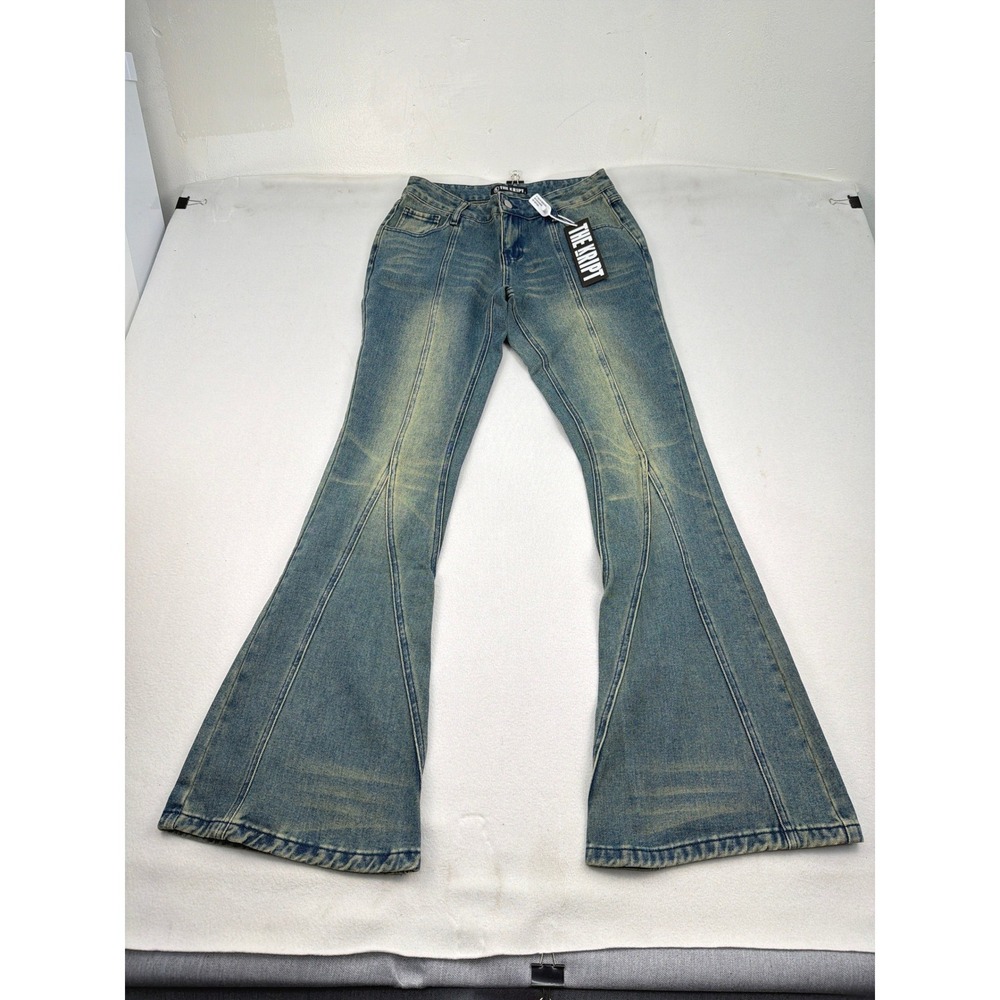 The Kript Womens Flared Denim Jeans Sand Wash Blue Paneled Bell Bottoms NEW